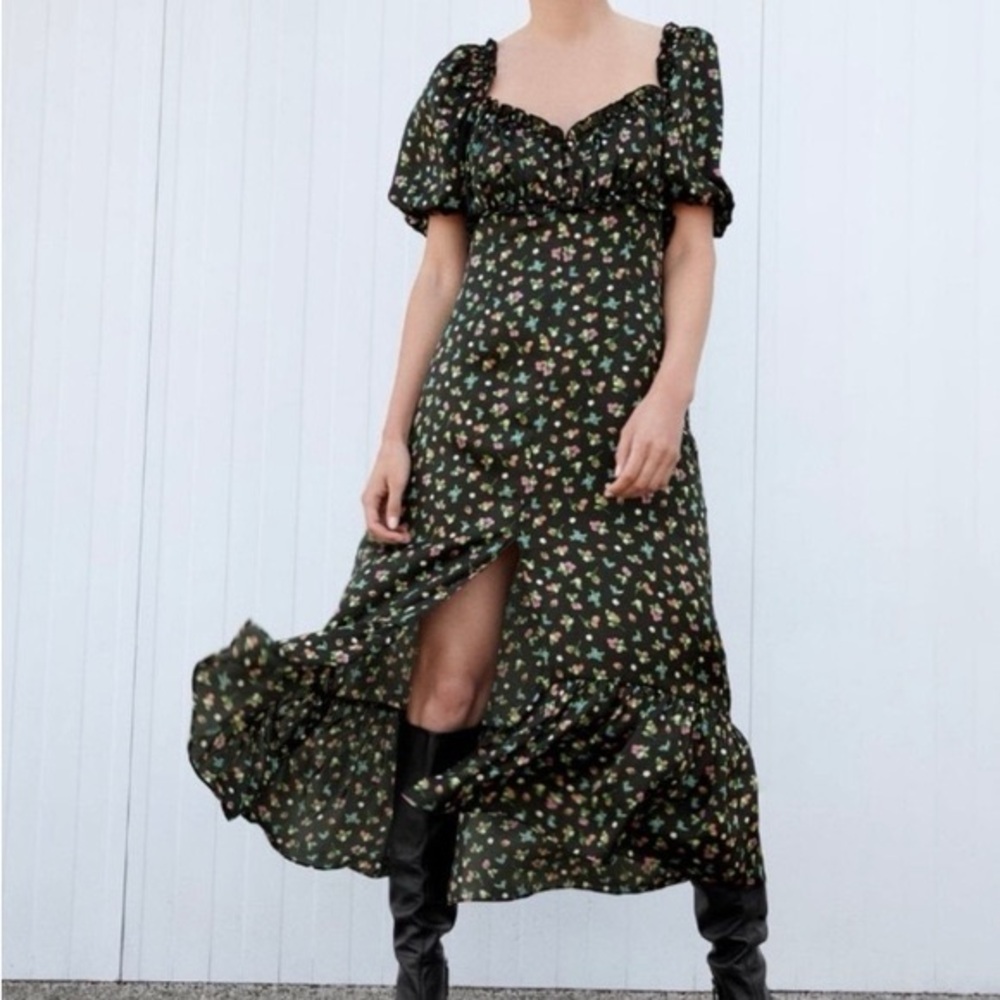 Zara Satin Berry Floral Maxi Dress bubble sleeves silky feminine strawberry